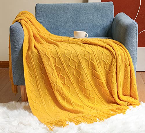 Hayisugal Wohndecke Boho Decke Weich Strick Wolldecke mit Quaste Kuscheldecke Sofadecke Couch Decke Überwurfdecke, Gelb, 130 x 150cm von Hayisugal