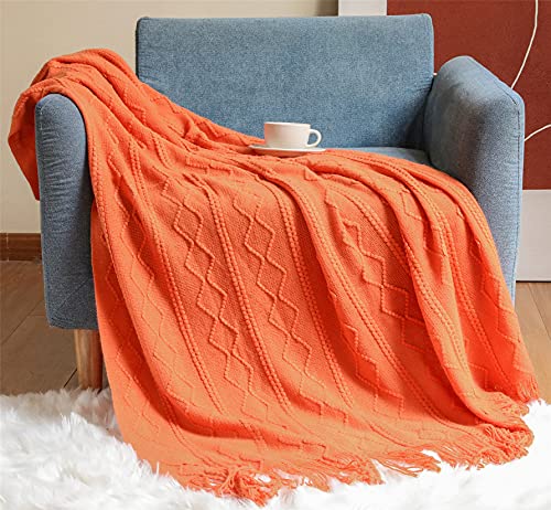 Hayisugal Wohndecke Boho Decke Weich Strick Wolldecke mit Quaste Kuscheldecke Sofadecke Couch Decke Überwurfdecke, Orange, 150 x 200cm von Hayisugal