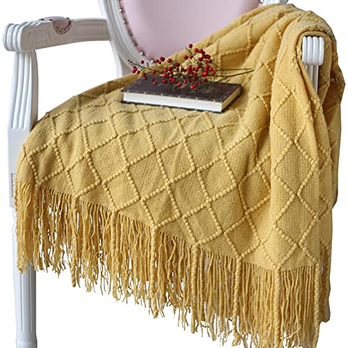 Hayisugal Wohndecke Weich Strick Wolldecke Quaste Kuscheldecke Sofadecke Schlafdecke Decke, Gelb, 125 x 210cm von Hayisugal