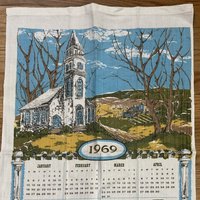 Landkirche Im Winter, Give Us Lord A Bit Of Sun, 1969, Vintage Kalender Geschirrtuch von HazelCatkins