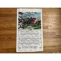 Rote Scheune, Weiße Blüten, Shelley Zitat, R Batchelder, Signiert, 1987, Leinen, Vintage Kalender Geschirrtuch von HazelCatkins
