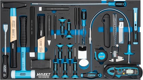 HAZET Werkzeug Satz 163-649/30, 30-teilig, mit Hammer, Meißel, Splinttreiber, Schaber, Teleskop-Spiegel, Krallengreifer, Stromzange, LED Pen Light, Messwerkzeuge von Hazet