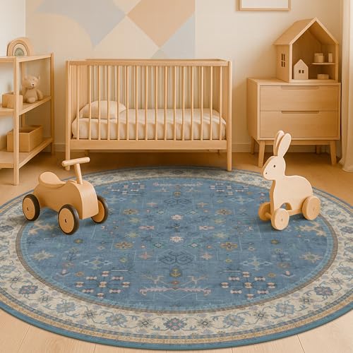 Hazo Haus Runder Teppich für Wohnzimmer, 182 cm, Blumenmuster, für Schlafzimmer, Kinderzimmer, Heimbüro, waschbar, niedriger Flor, rutschfest, dunkelblau mit braunem Akzent, ästhetische Dekoration für von Hazo Haus