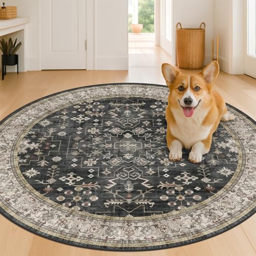 Schwarzer Boho-Teppich, kleiner Kreis, 122 cm, für Wohnzimmer, waschbar, dunkel, Vintage, stimmungsvoll, niedriger Flor, rutschfest, rund, für Eingangsbereich, Esszimmer, Retro-Überwurf von Hazo Haus