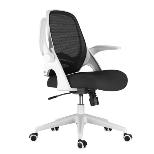 Hbada Bürostuhl, Schreibtischstuhl Bürostuhl ergonomisch mit hochklappbaren Armlehnen, Einstellbarer Lendenstütze, Höhenverstellbarer, Mesh Computerstuhl Leichter Stuhl Weiß von Hbada