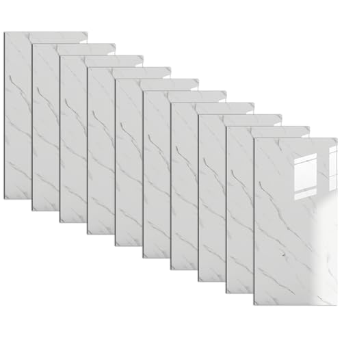 10pcs 12x24-Zoll selbstklebende PVC-PVC-Peel- und Stabwandpaneele, wasserdichte Marmortextur-Fliesenaufkleber für Küchenbacksplash, Duschwände mit Bad, Akzentwände, weiß. von Hbbgdiy