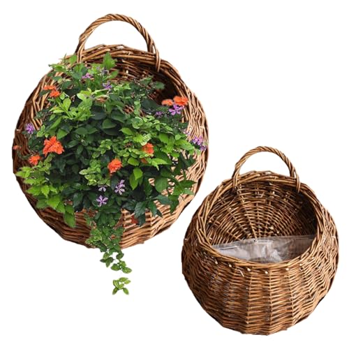2PCS Rattan Hanging Wickerkorb mit Griff und Plastikliner, Haustür Pflanzer, Wand montierte Pflanzenbehälter für Balkon, Garten und Eingangs 2PCS Rattan Hanging Wickerkorb mit Griff und Plastikliner, Haustür Pflanzer, Wand montierte Pflanzenbehälter für Balkon, Garten und Eingangs von Hbbgdiy