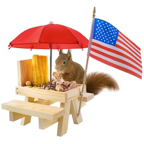 Hbbgdiy Holz Eichhörnchen -Feeder Picknicktisch mit Regenschirm und Flag Hbbgdiy Holz Eichhörnchen -Feeder Picknicktisch mit Regenschirm und Flag von Hbbgdiy