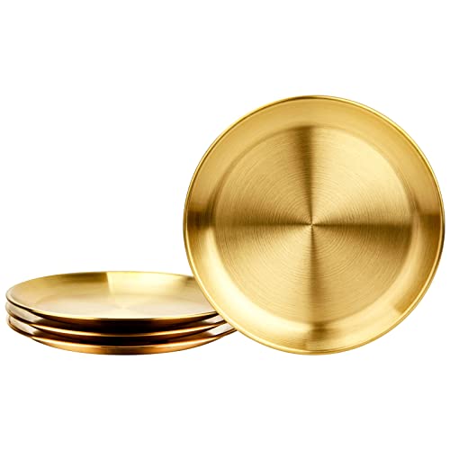 Hbluefat 4 Stück 30.5 cm goldfarbene, gebürstete Edelstahl-Teller, runde Metall-Speiseteller, Küchengeschirr, Essgeschirr, Serviertablett, Servieren, spülmaschinenfest (Gold) von Hbluefat