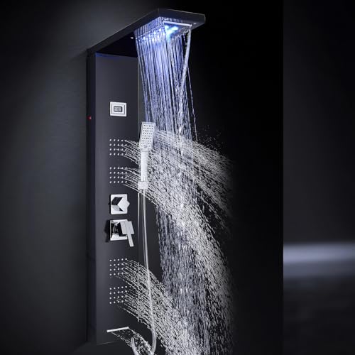 Duschpaneel LED Multifunktions Duschsystem mit 5 Duschfunktionen, Duschpaneel aus Edelstahl Regendusche Wasserfalldusche Massagedüsen 3 Typ-Handbrause und Badewanneneinlauf Schwarz von Hbronzeshower