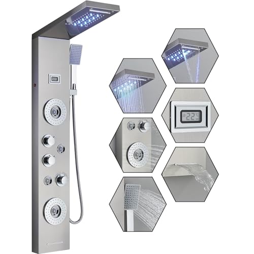 Edelstahl-Duschpaneel mit LED Multifunktionale Duschpaneel mit Thermostat, Duschsystem mit Mischbatterie 5 Duschfunktionen Regenfall Wasserfall 2 Körpermassagedüsen Wannenauslauf Handbrause Gebürstet Edelstahl-Duschpaneel mit LED Multifunktionale Duschpaneel mit Thermostat, Duschsystem mit Mischbatterie 5 Duschfunktionen Regenfall Wasserfall 2 Körpermassagedüsen Wannenauslauf Handbrause Gebürstet von Hbronzeshower