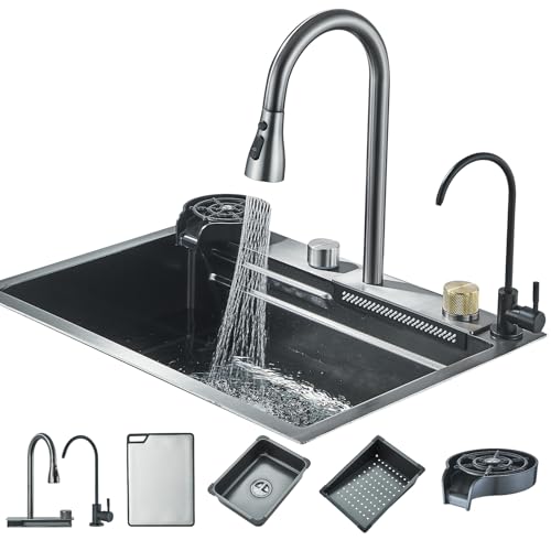 Hbronzeshower Küchenspüle, Edelstahlspüle mit ausziehbarem Mischer, Unterbauspüle (60 X 45cm) mit Tassenwaschmaschine, Multifunktionsspüle, Wasserfallspüle (Silbergrau) von Hbronzeshower