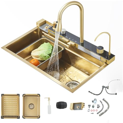 Hbronzeshower Multifunktionale Edelstahl-Wasserfallspüle mit Ausziehbarem Wasserhahn und Zubehör für die Spüle (75cmX45cm) Gebürstetes Gold von Hbronzeshower