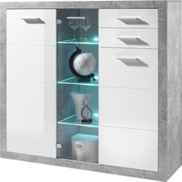 HBZ Highboard "Stone weiß Hochglanz, Wohnzimmerschrank BxHxT 137x134x37 cm", (1 St.), Mit 2 Türen, 1 Glastür, 5 Einlegeböden und 3 Glasböden von Hbz