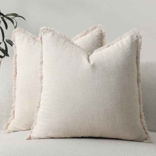 Hckot Leinen-Kissenbezüge, 45,7 x 45,7 cm, 2 Stück, neutrale Kissenbezüge mit Quasten, Beige, Bauernhaus, dekorative Kissen, quadratische Kissenbezüge für Couch, Bett, Wohnzimmer, Sofa, Boho-Dekor, von Hckot