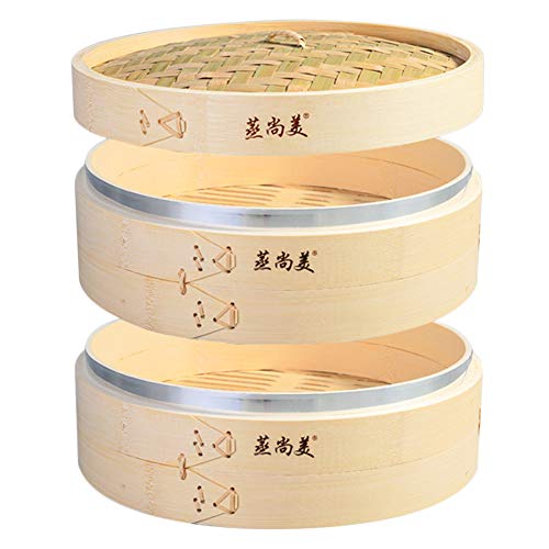 Hcooker Vertiefen 2-Tier Küche Bambus Dampfer mit Edelstahl-Banderolieren für Asiatische Kochbrötchen Mehlklöße Gemüse Fischreis von Hcooker