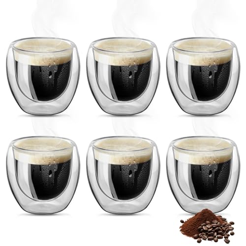 Hcunbsu Espressotassen 6er Set, Espresso Gläser, 80ml Doppelwandiges Kaffeegläser, Schwebeeffekt, Thermogläser, Hitzebeständiges Espressotasse, Cappuccino Gläser von Hcunbsu
