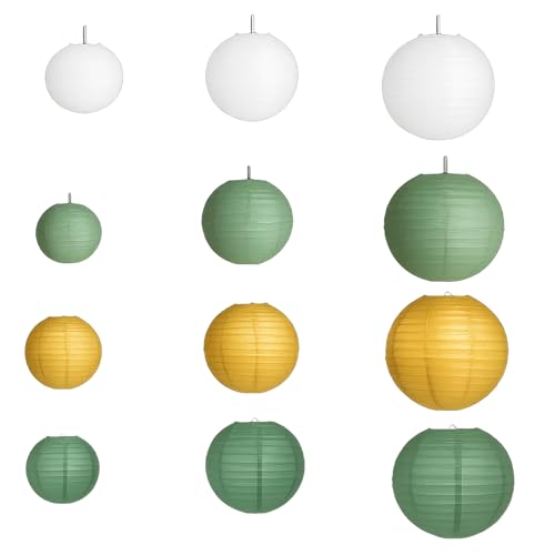 12 Stück Papierlaternen, Lampions für Hochzeitsdekoration, Gartenparty Deko in Weiß, Grün und Gold, Wetterfeste Papierlaternen für DIY Projekte und Veranstaltungen von HcvGcm