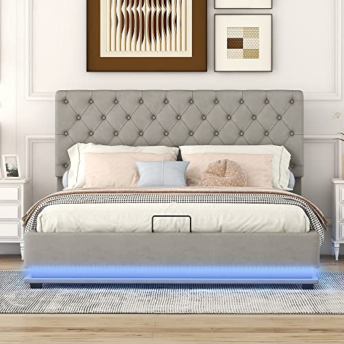 Hcxswillo Doppelbett, Polsterbett mit LED in diversen Farben, Stauraumbett mit Hydraulisch, Bettkasten & Lattenrost-Bezug, Verstellbares Kopfteil, Grau, 140x200cm von Hcxswillo