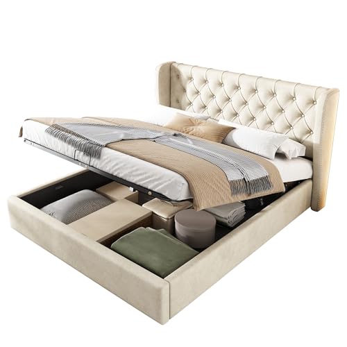 Hcxswillo Polsterbett Ohrenform Samtstoff Große Knopfnähte Doppelbett 140 * 200, Hydraulisches Funktionsbett mit Lattenrost und Stauraum, Bettkasten mit schmutzabweisendem Samtstoff bezogen, beige Hcxswillo Polsterbett Ohrenform Samtstoff Große Knopfnähte Doppelbett 140 * 200, Hydraulisches Funktionsbett mit Lattenrost und Stauraum, Bettkasten mit schmutzabweisendem Samtstoff bezogen, beige von Hcxswillo