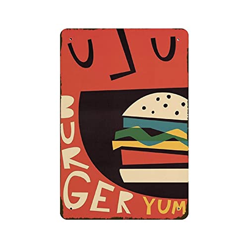 Blechschild mit Hamburger-Motiv "Burger Yum Hamburger", Metallschild, Kunst, zum Aufhängen, Retro, Zuhause, Küche, Garten, Garage, Wanddekoration, 30,5 x 20,3 cm von Hdadwy