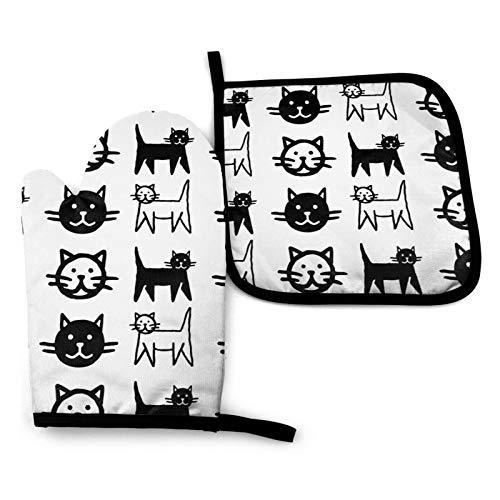 Handgezeichnete Schwarze Katzen Ofenhandschuhe und Topflappen 2er-Set, Strapazierfähige Handschuhe mit Aufhängeöse Hitzebeständig zum Schutz von Händen und Oberflächen, zum Backen, Kochen, Grillen von Hdadwy