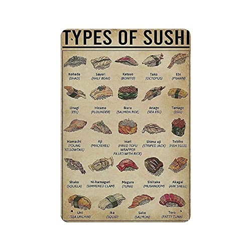 Metall-Blechschild "Types Of Sushi", Vintage-Blechschild, Wanddekoration, Landhaus, Küche, Zuhause, Garage, Dekoration, 30,5 x 20,3 cm von Hdadwy