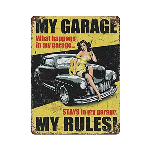 My Garage My Rules Pin Up Girl Blechschild Metallschild Kunst zum Aufhängen Eisengemälde Retro Heim Küche Garten Garage Wanddekoration 40,6 x 30,5 cm von Hdadwy