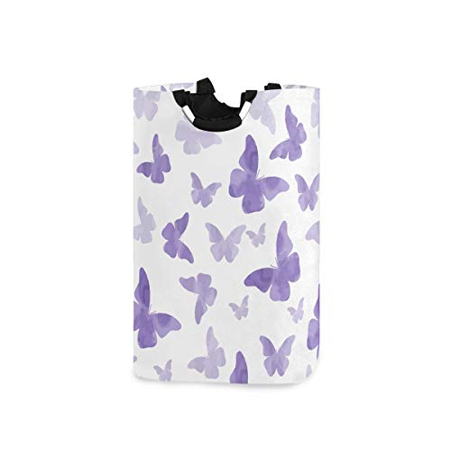 Niedlicher Wäschekorb mit Griffen-zusammenklappbarer Wäschekorb aus Stoff Schmutziger Wäschekorb für Mädchen, Jungen, Aquarell Lila Schmetterlinge von Hdadwy