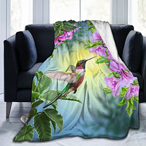 Rosa Blumen und Grün-Blätter-Flanell-Decke Leicht Vogel Hummingbird urgemütliches Bett Decke für alle Jahreszeit Frühling, Sommer, Herbst Wirft für Couch-Bett Sofa 80 „x60“ von Hdadwy