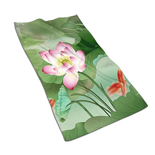 Weiches Handtuch Lotus Blumen Koi Chinesische Kunst Grün Rosa Badehandtücher Waschlappen für Zuhause/Strand/Yoga 27,5 x 15,7 Zoll von Hdadwy