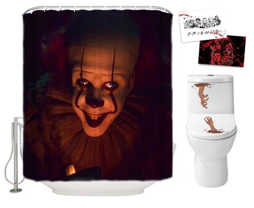 Halloween-Duschvorhang-Set für Badezimmer, It Pennywise der Clown, gruseliger Killer, Horrorfilm-Thema, Urlaub, Polyester-Dekoration mit Haken, WC-Aufkleber und 2 Postkarten, von Hdem