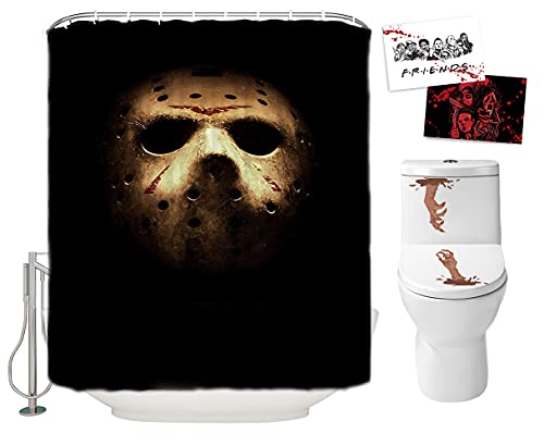 Halloween-Duschvorhang-Set für Badezimmer, Killer Jason Voorhees Freitag, 13. Freitag, Horrorfilm-Thema, Urlaub, Polyesterstoff, Dekoration mit Haken, WC-Aufkleber und 2 Postkarten, Party-Dekoration, von Hdem