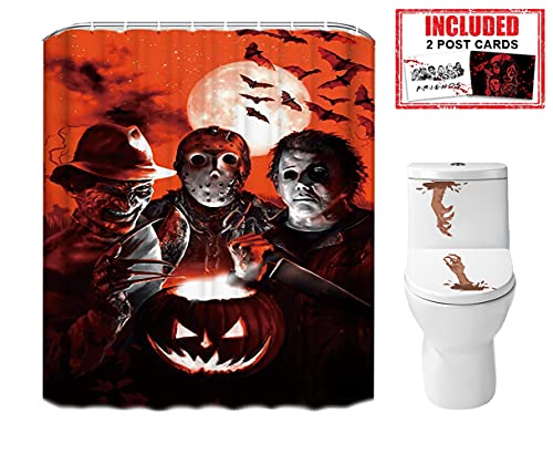 Halloween-Duschvorhang-Set für Badezimmer, gruseliger Killer Freddy Jason Michael, Horrorfilm-Thema, Polyester-Stoff-Dekoration mit Haken, 2 Postkarten enthalten, Halloween-Dekoration, 183 x 183 cm von Hdem