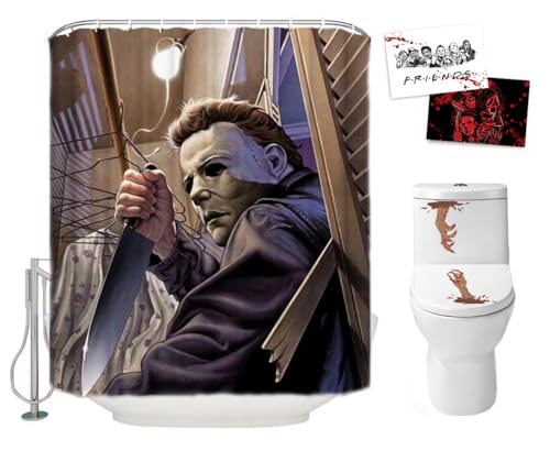 Halloween-Duschvorhang-Set für Badezimmer - Gruseliger böser Killer Michael Myers, Horrorfilm-Thema, Urlaub, Polyesterstoff, Dekoration mit Haken und WC-Aufklebern, 2 Postkarten, Party-Dekoration, 183 von Hdem