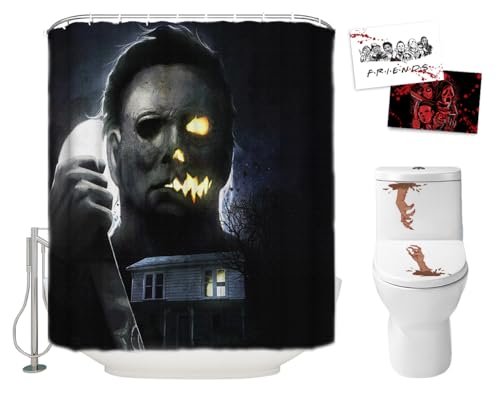 Hdem Halloween-Duschvorhang-Set für Badezimmer, gruseliger böser Killer, Michael Myers, Horrorfilm-Thema, Feiertag, Polyester-Stoff, Weihnachts-Party-Dekoration, 72x72 cm von Hdem