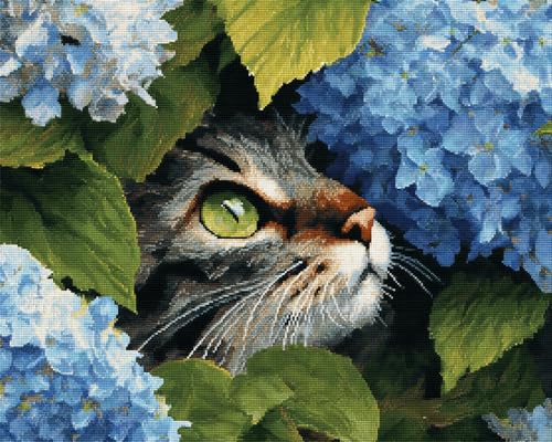 Hdfvlfdsa 11Ct Gestempelte Kreuzstich-Sets, Katze Und Hortensie 40X50Cm Diy Cross Stitch Stickpackung Craft Handarbeiten Vorgedruckter Stickerei-Starter-Kit Für Anfänger von Hdfvlfdsa