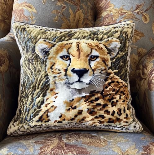 Hdfvlfdsa Kreuzstich Kissen Set Creekside Cheetah 45X45Cm Anfänger, Überwurf-Kissenbezug, Sofakissenbezug, Stickset, Kreuzstich von Hdfvlfdsa