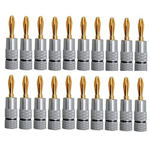 Hduacuge Bananenstecker 24 K vergoldet 4,5 mm Bananenstecker mit Verriegelung zum Schrauben für Audiobuchsen, Lautsprecher, Schwarz + Silber, 20 Stück von Hduacuge