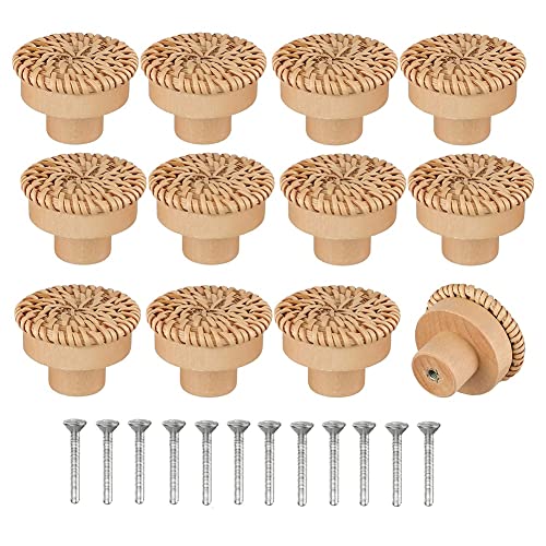 Hduacuge Kommodenknöpfe aus Rattan, Boho, Schubladenknöpfe aus , rund, aus Korbgeflecht, handgefertigt, Schrauben für Möbelknöpfe, Boho, 12 Stück von Hduacuge