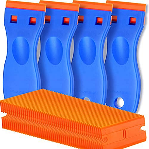 Hduacuge Set mit 4 Schabern mit Rasierklinge aus Kunststoff und 200 Klingen, Werkzeug zum Entfernen von Etiketten, für Aufkleber, Dichtungen und Farben auf dem Fenster. von Hduacuge