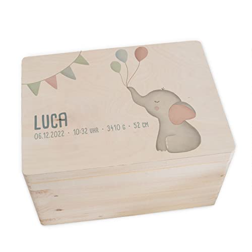 HELLOMINI Personalisierte Erinnerungsbox Baby - Erinnerungskiste mit Namen aus Holz - Holzkiste mit Deckel zur Geburt für Mädchen & Jungen - Babygeschenke Aquarell Motiv (30x20x14cm, Elefant) von HeLLo mini