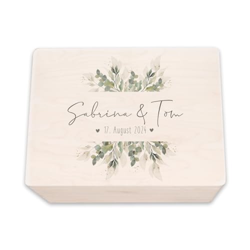 hellomini Personalisierte Erinnerungskiste aus Holz - Geschenk zur Hochzeit | Individuell mit Namen & Datum - Hochzeitsgeschenk/Hochzeitskiste (Blätter, L: 40x30x23cm) von hellomini
