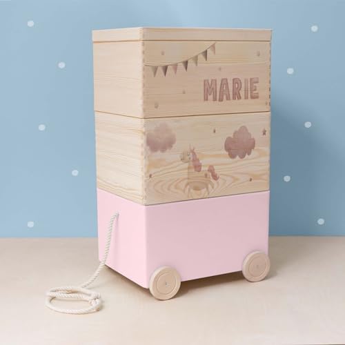 HeLLo mini Personalisierte Spielzeugkiste aus Holz zur Aufbewahrung - Stapelkiste Holz - Spielzeugkiste Kinderzimmer - Personalisiertes Geschenk für Kinder (Einhorn 3er) von HeLLo mini