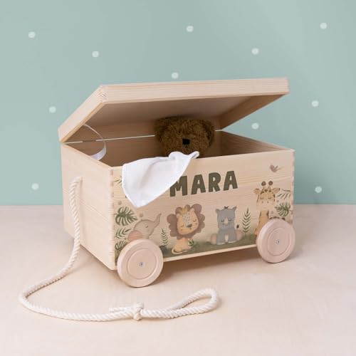 HeLLo mini Personalisierte Spielzeugkiste aus Holz zur Aufbewahrung - Stapelkiste Holz - Spielzeugkiste Kinderzimmer - Personalisiertes Geschenk für Kinder (Safari) von HeLLo mini