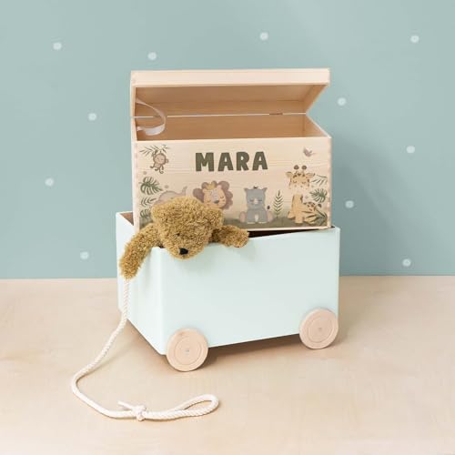 HeLLo mini Personalisierte Spielzeugkiste aus Holz zur Aufbewahrung - Stapelkiste Holz - Spielzeugkiste Kinderzimmer - Personalisiertes Geschenk für Kinder (Safari 2er) von HeLLo mini