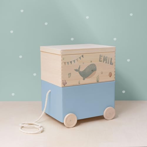 HeLLo mini Personalisierte Spielzeugkiste aus Holz zur Aufbewahrung - Stapelkiste Holz - Spielzeugkiste Kinderzimmer - Personalisiertes Geschenk für Kinder (Wal 2er) von HeLLo mini
