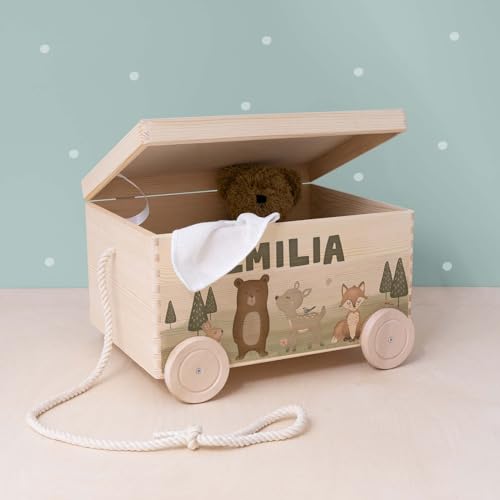 HeLLo mini Personalisierte Spielzeugkiste aus Holz zur Aufbewahrung - Stapelkiste Holz - Spielzeugkiste Kinderzimmer - Personalisiertes Geschenk für Kinder (Waldtiere) von HeLLo mini