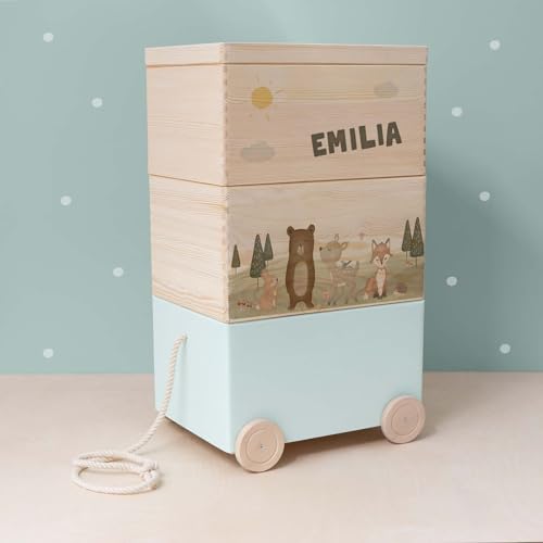 HeLLo mini Personalisierte Spielzeugkiste aus Holz zur Aufbewahrung - Stapelkiste Holz - Spielzeugkiste Kinderzimmer - Personalisiertes Geschenk für Kinder (Waldtiere 3er) von HeLLo mini