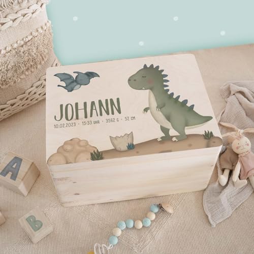 Personalisierte Erinnerungsbox Baby - Erinnerungskiste mit Namen aus Holz - Holzkiste mit Deckel für Baby - Geschenk zur Geburt für Mädchen & Jungen - Babygeschenke - hellomini (T-Rex, 30x20x14cm) von HeLLo mini